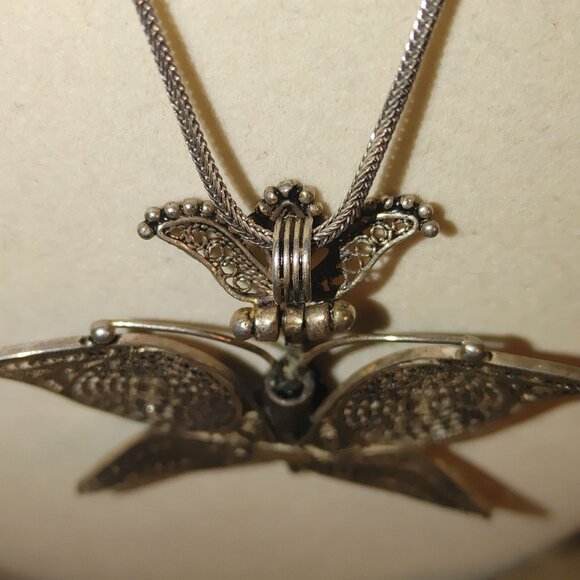 Filigree Butterfly Pendant Wheat Necklace Vintage Sterling Silver 925 From Turke - Picture 14 of 16